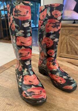 Lauren Ralph Lauren Floral Rain Boots Women’s EU 39 Black Red Tall Rubber Boots
